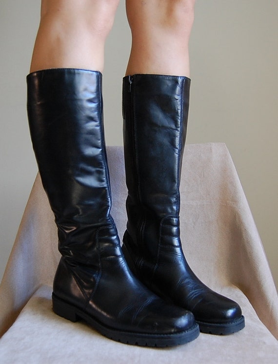 vintage 1990s go go boots / black leather tall boots / size 9
