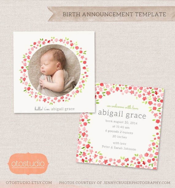 Items Similar To Birth Announcement Template Watercolor Flowers Cb020 5x5 Card Instant E Birth Announcement Template