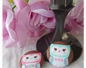 Cute Russian Owl Dolls Brown Pink & Blue Fabric Button Necklace