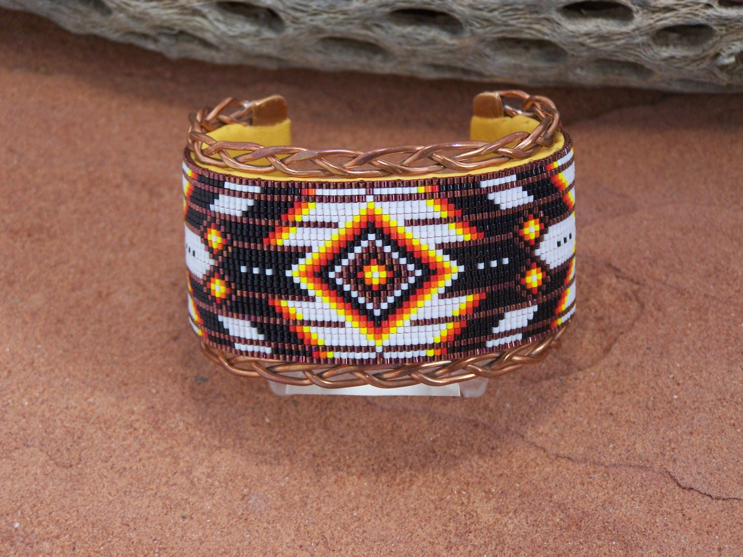 Native American Braided Copper Cuff Bracelet Beaded In Copper