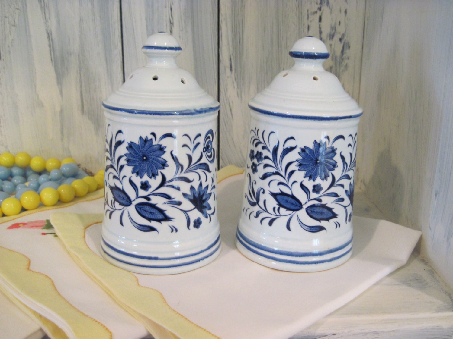 Vintage white blue floral pattern ceramic porcelain salt and pepper