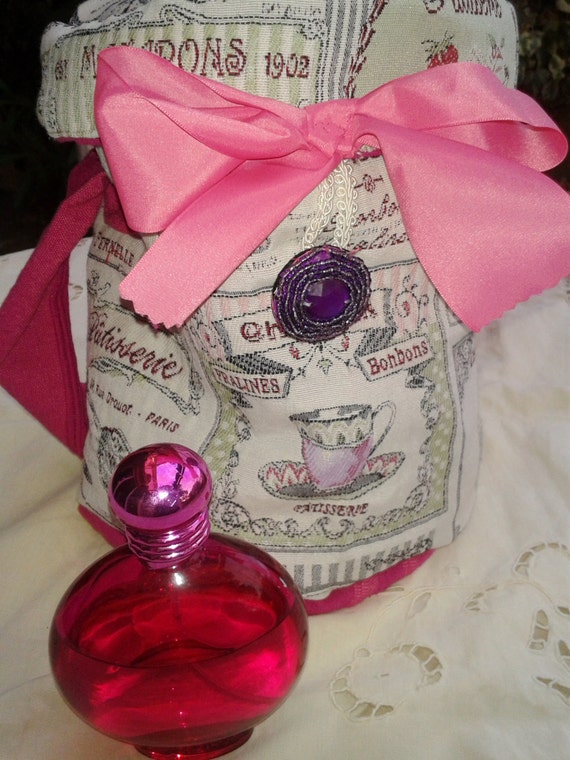 Pink Paris Vanity Case - Cupcake - Padded Pouch - Handmade - Bow - French Fabric - Pastries - Bonbons - Scriptures - Beaded Purple Button