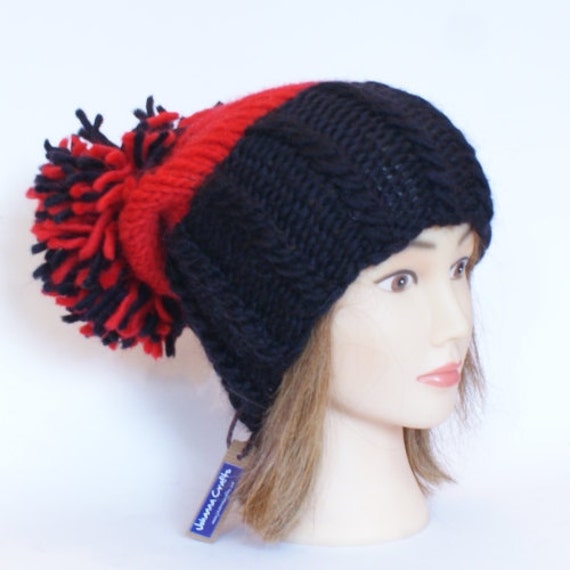 Irish handknit black and red county hat slouchy by Johannahats