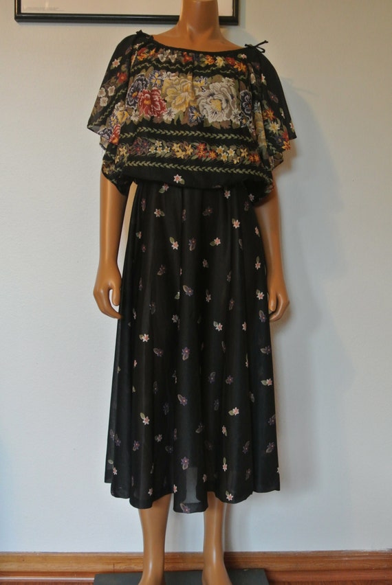 Vintage 1970s Neiman Marcus Boho Hippie Day Dress Black Flower