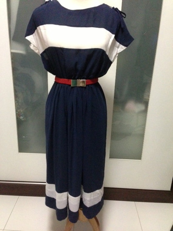 Vintage nautical navy blue and white stripe day dress with ribbons at shoulder