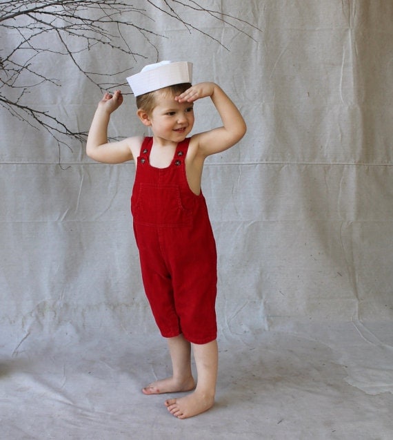 80's Vintage Style Red Corduroy Overalls Children Girl