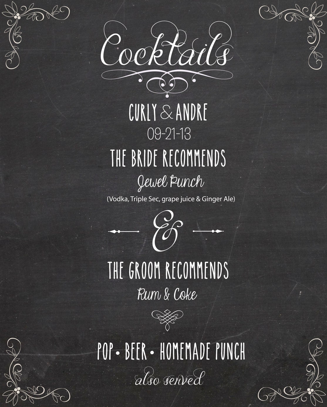 Chalkboard Wedding Cocktail Menu Printable Chalkboard