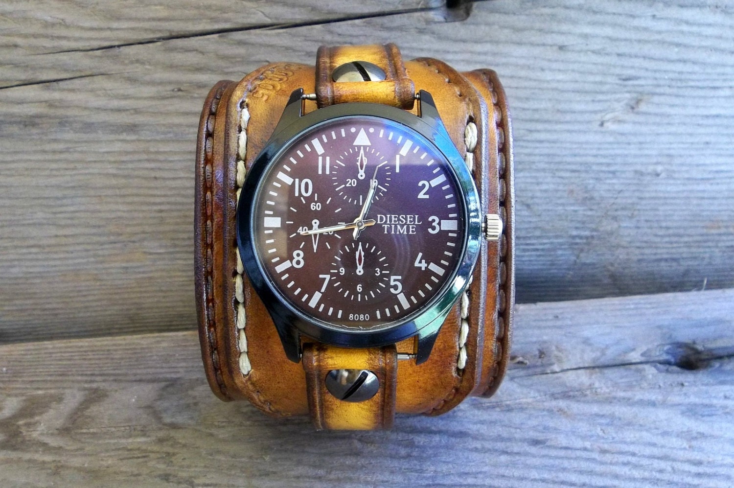 Mens leather watch cuff Tobacco brown leather wrist watch