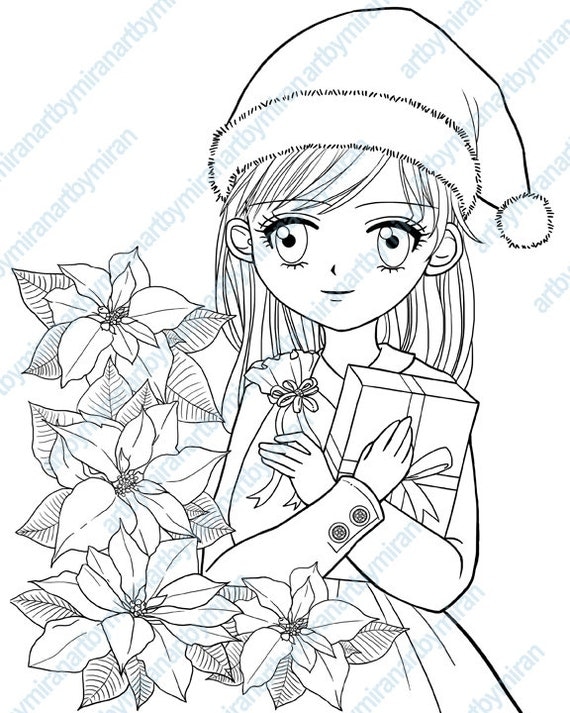 Christmas Digital Stamp Poinsettia and Girl Coloring page Christmas Digital Stamp Poinsettia and Girl Coloring page