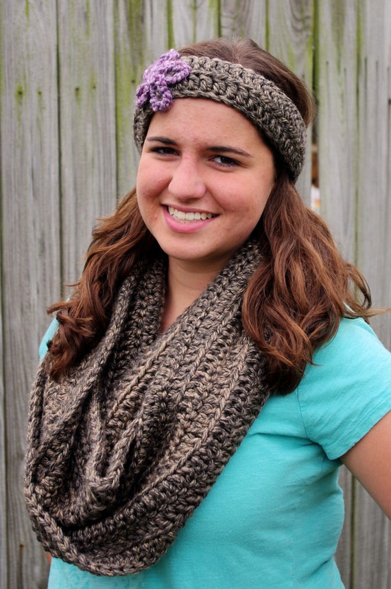 Heather brown chunky crochet infinity scarf and matching headband earwarmer with purple flower