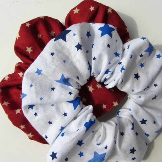 Red White and Blue Stars Scrunchies 2 for 7.00 Handmade American Cotton Hair Accessory/ Star Scrunchy/ Patriotic Ponytail Holder