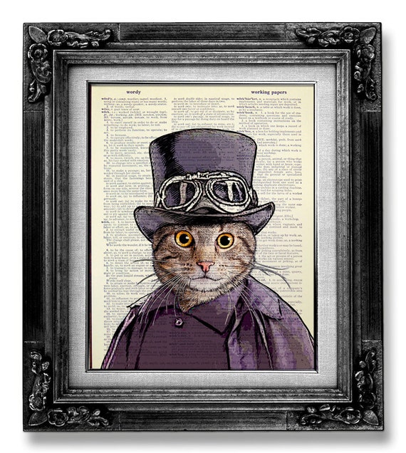 STEAMPUNK Cat Decor, DICTIONARY Art Print, Dictionary Paper, Gray Tabby CAT Wall Art Cat Drawing Cat Clothes Artwork Cat Poster, Uniform Cat by GoGoBookart steampunk buy now online
