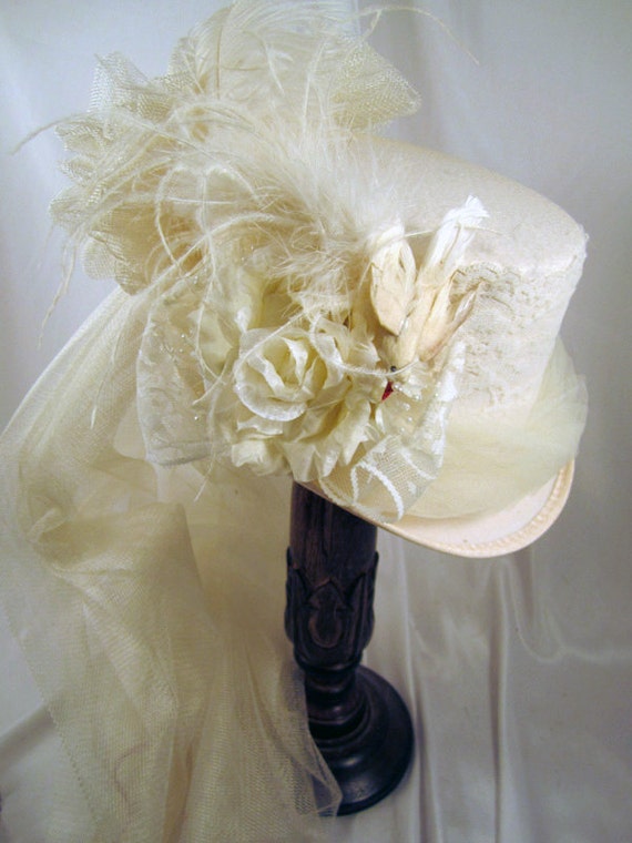 Items similar to Ivory Bridal Riding Hat with Ivory Tulle, Bird ...