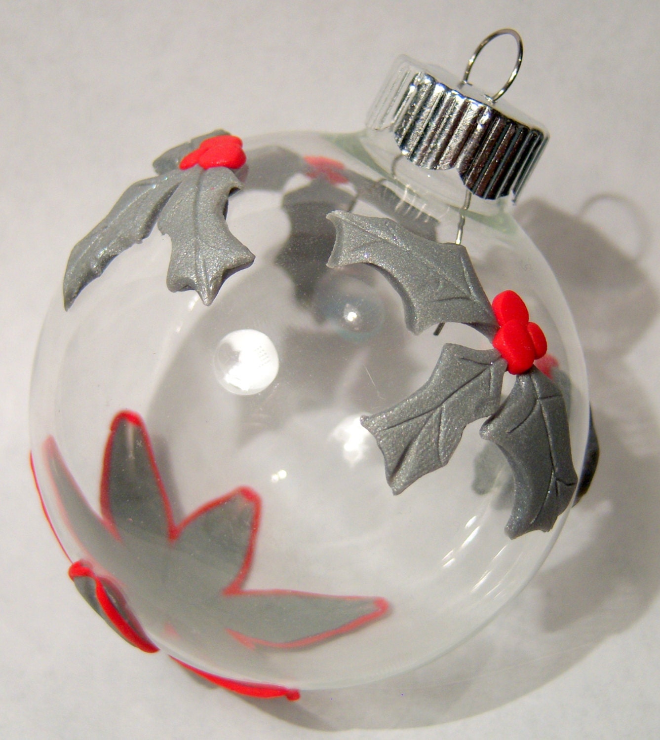 Christmas Ornament - Silver and Red Holly - Polymer Clay on Glass