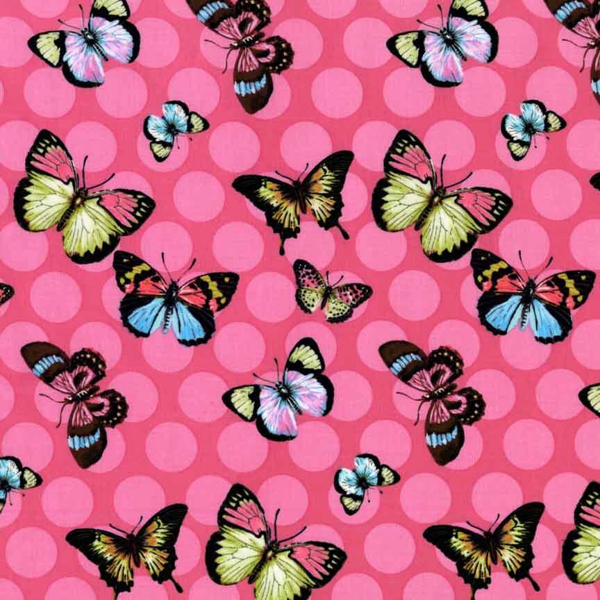 100 premium quilting cotton fabric by the yard, pink butterfly polka