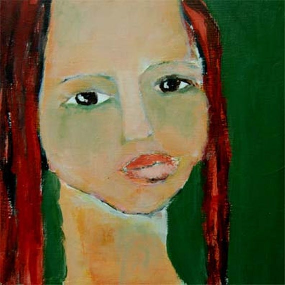 Acrylic Portrait Painting Judi, Girl, Face, Green, red hair 6x6 canvas board
