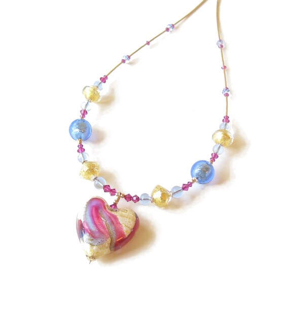 Murano Glass Heart Pink Blue Gold Heart Chunky Pendant Necklace ...