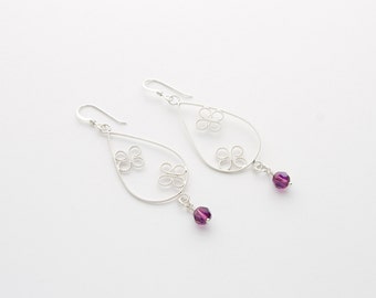 Butterfly Amethyst Earrings, Drop Dangle Earrings, Sterling Silver Filigree Jewelry, Teardrop Earrings, Pear Shape Jewelry