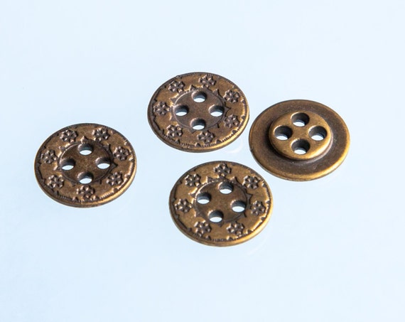 12 Vintage 13/16 Metal Buttons. 4 Holes. Antiqued Brass