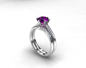 engagement ring set, Amethyst ring, Diamond band, wedding ring set, white gold, pave, solitaire, diamond engagement, amethyst