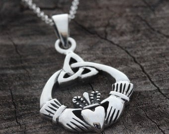 Celtic Knot Claddagh Pendant Sterling Silver Necklace, Love symble. Trinity Necklace, Irish Jewelry, Most Popular Friends gift, Celtic. c55