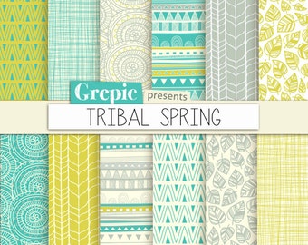 Tribal digital paper: "TRIBAL SPRING" with tribal patterns and tribal backgrounds in fresh green, yellow, gray and white colors