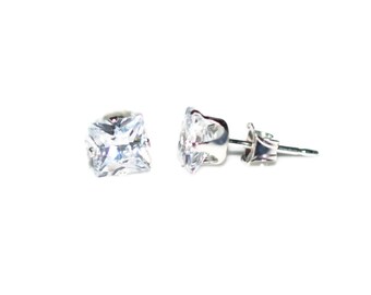 5mm Square Clear Cubic Zirconia CZ Sterling Silver Stud Earrings 5mm - Clear Cubic Zirconia CZ Post-Style Square Sterling Silver Earrings