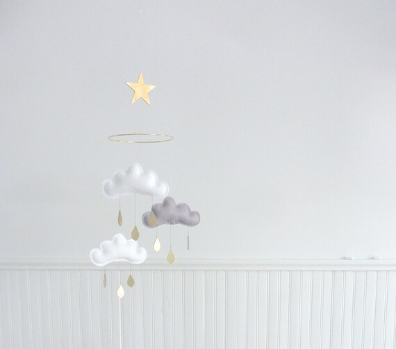 Mobile "MILAN":White,Grey,White cloud mobile for nursery with gold star by The Butter Flying-Rain Cloud Mobile Nursery Children Decor