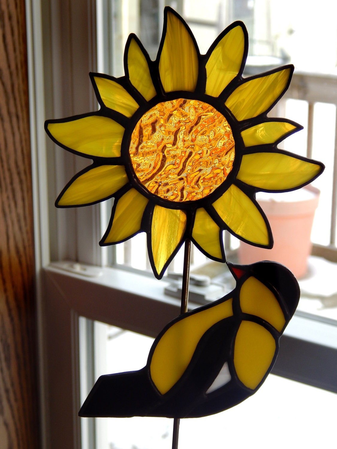 Stained Glass Sunflower And Gold Finch Garden Stake Pot