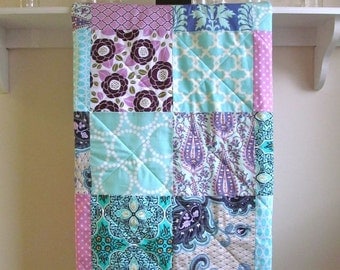 Modern Baby Girl Quilt, Baby Quilt Handmade, Girl Crib Bedding, Purple, Orchid, Turquoise, Nursery Bedding, Navy Quilt, Lavender and Aqua