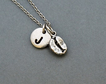 Tiny Coffee bean necklace, coffee bean charm, initial necklace, initial hand stamped, personalized, antique silver, monogram