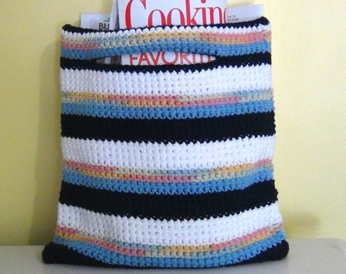 Cotton Tote Bag - 10" w x 11" h Crochet Tote Bag - Blue, White, Variegated Stripe Sac