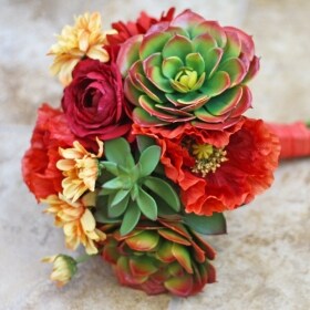 Southwestern Succulents Wedding Bouquet - Red, Orange, Yellow Green Artificial Small Bridal Bouquet