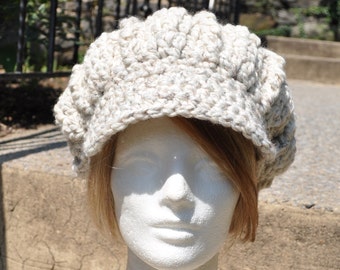 Natural Off-White Newsboy Hat - Crocheted Hat in Wool Acrylic Blend - Women's Hat with Brim - Chunky Knits - Winter Accessories - Winter Hat