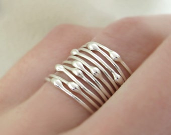 Sterling Silver Stacking Ring Set of Ten - Rain Droplet