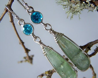 Green Kyanite elongated briolette, blue topaz, french earwire, earrings