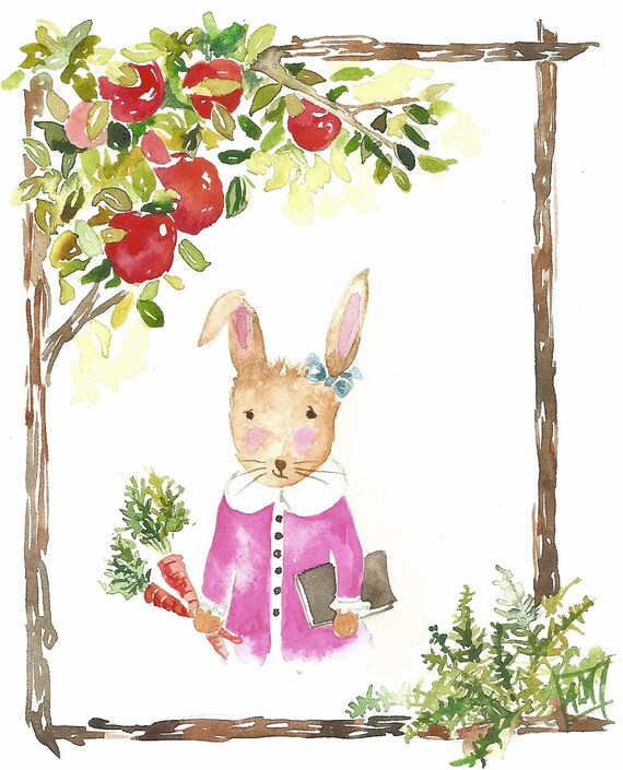 Bunny's First Day of School - Watercolor Illustration of a Bunny in Pink with her carrots and book