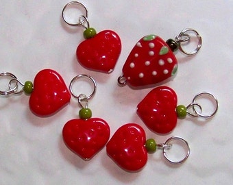 Hand Made Stitch Markers -- Strawberry Hearts