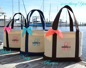 Personalized Black Natural Canvas Large Boat Tote with Ribbon