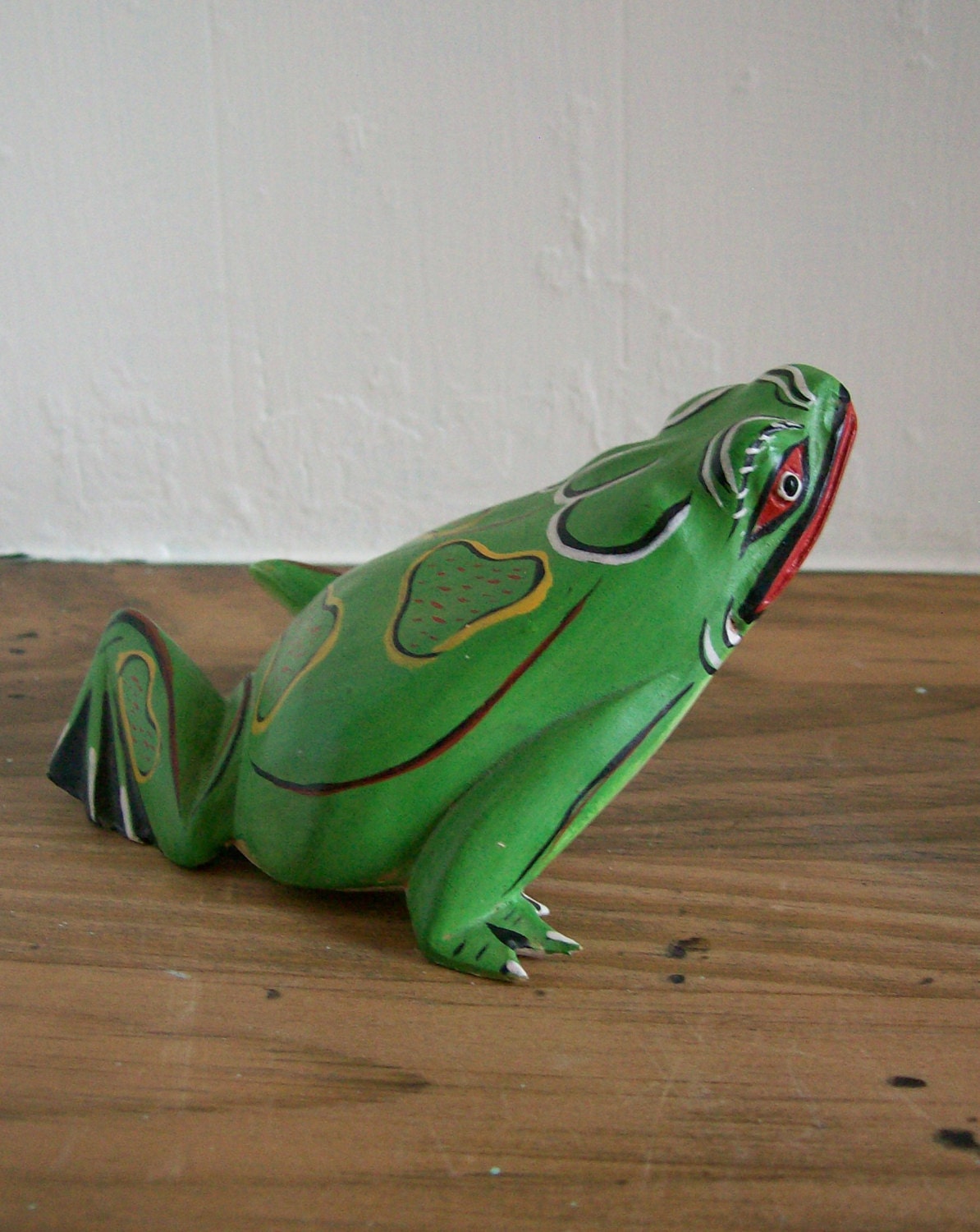Carved Wooden Green Frog Figurine Indonesian Folk Art