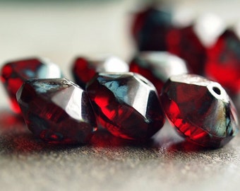 Ruby Red Picasso Czech Glass Bead 7x11mm Saucer : 6 pc