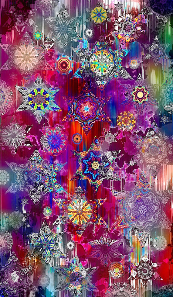 Textile Artist Fabric 2 Large Panels Star Plum Red Kaleidoscope Fiber Art Quilting