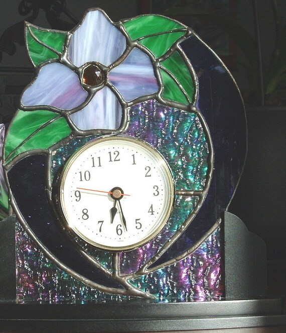 Stained Glass Desk or Table Clock Purple Flower Glass Clock