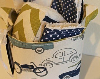 Vintage Auto Baby Gift Basket--- Burp Cloth, Bib, Rattle Block, Wash Cloth Set and Fabric Basket