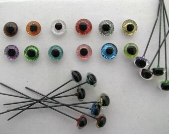 12 pair 9mm or 10mm or 11mm or 12mm or Sparkle Painted Glass EYES on Wire needle felting, polymer clay, sculptures, carving ( SRG-222 )