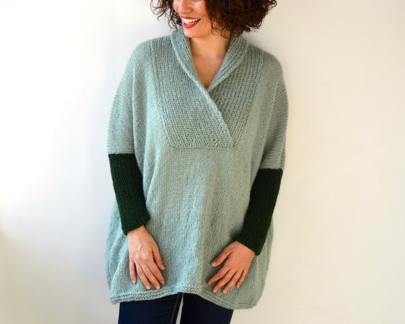 Mint Plus Size Hand Knitted Sweater  - Poncho - Tunic - Dress by Afra