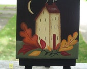 Primitive Fall Autumn Saltbox House Leaves Mini Canvas