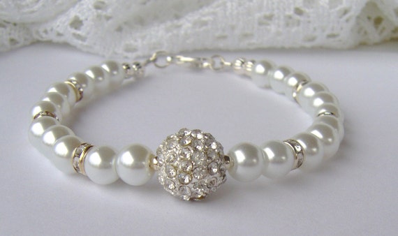 White pearl and rhinestone bracelet / bridal by RhinestoneAndPearl