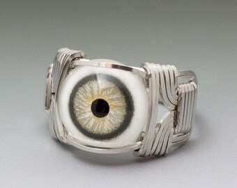 Green Glass Eye Eyeball Sterling Silver Wire Wrapped Ring - Made to Order and Ships Fast!