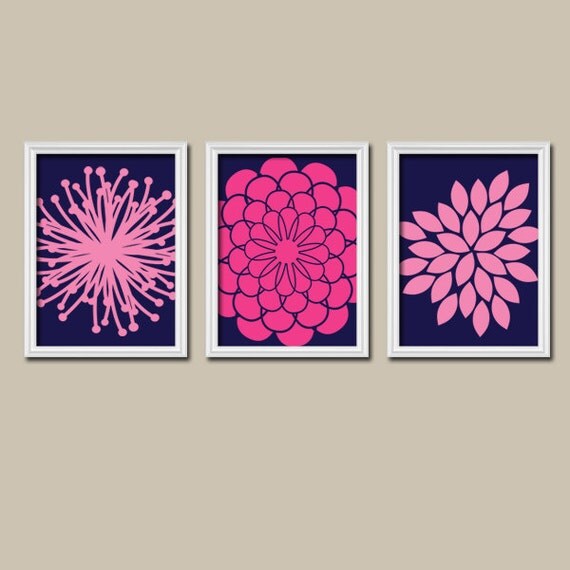 Pink Navy Flower Burst Daisies Petals Artwork Set of by trmDesign